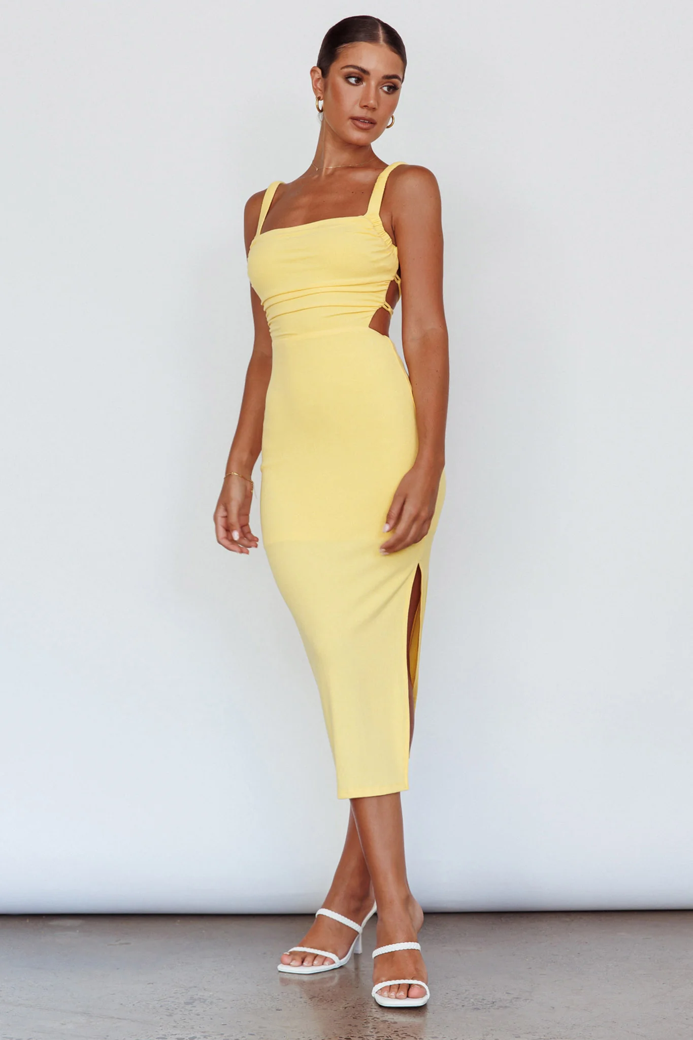 Dream Crush Lace-Up Back Side Split Midi Dress Yellow - Image 3