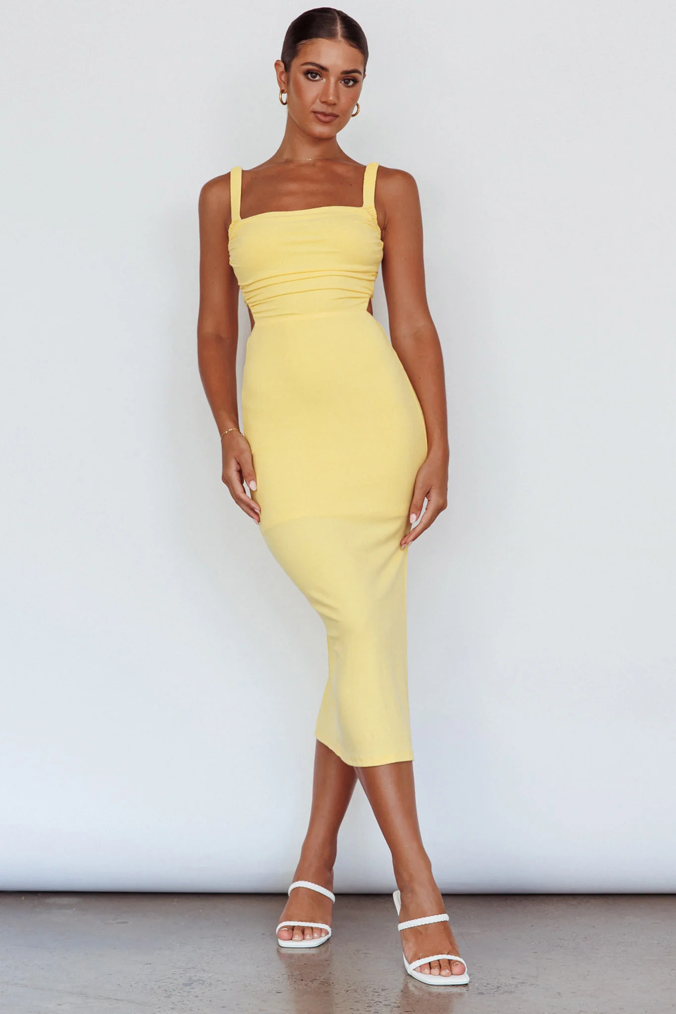 Dream Crush Lace-Up Back Side Split Midi Dress Yellow - Image 5