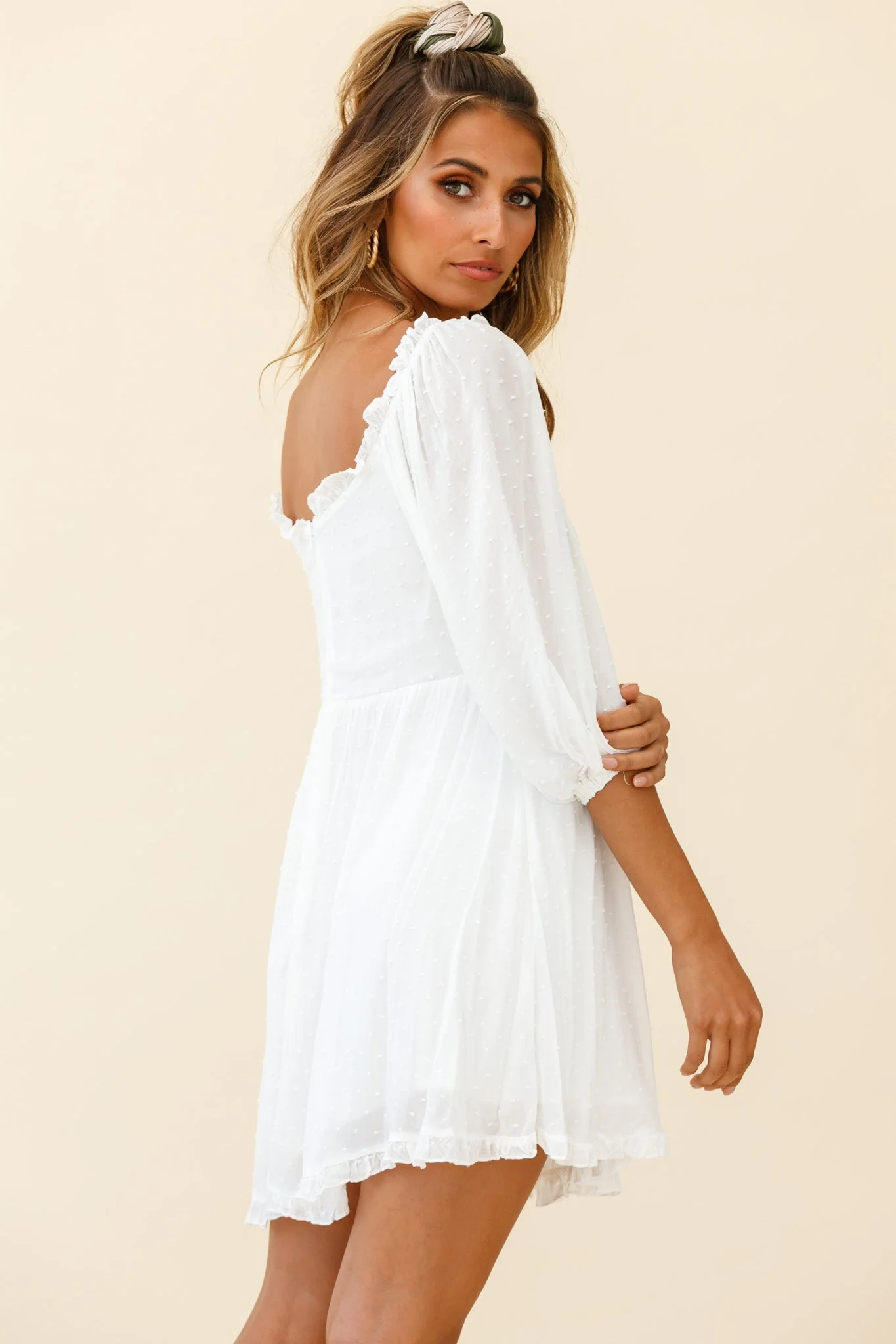 Dream Lover Puff Sleeve Crochet Insert Dress White - Image 3