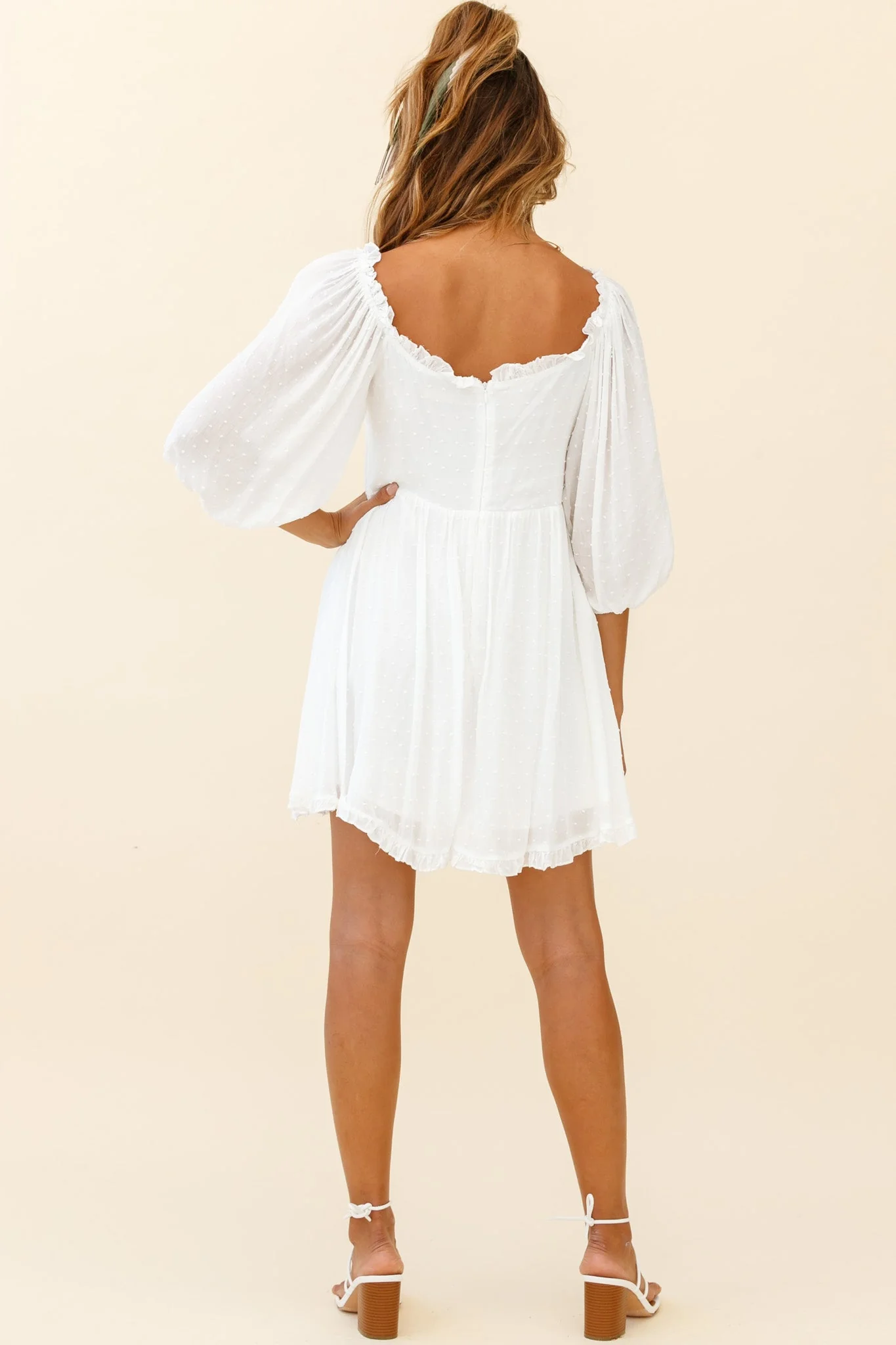 Dream Lover Puff Sleeve Crochet Insert Dress White - Image 5