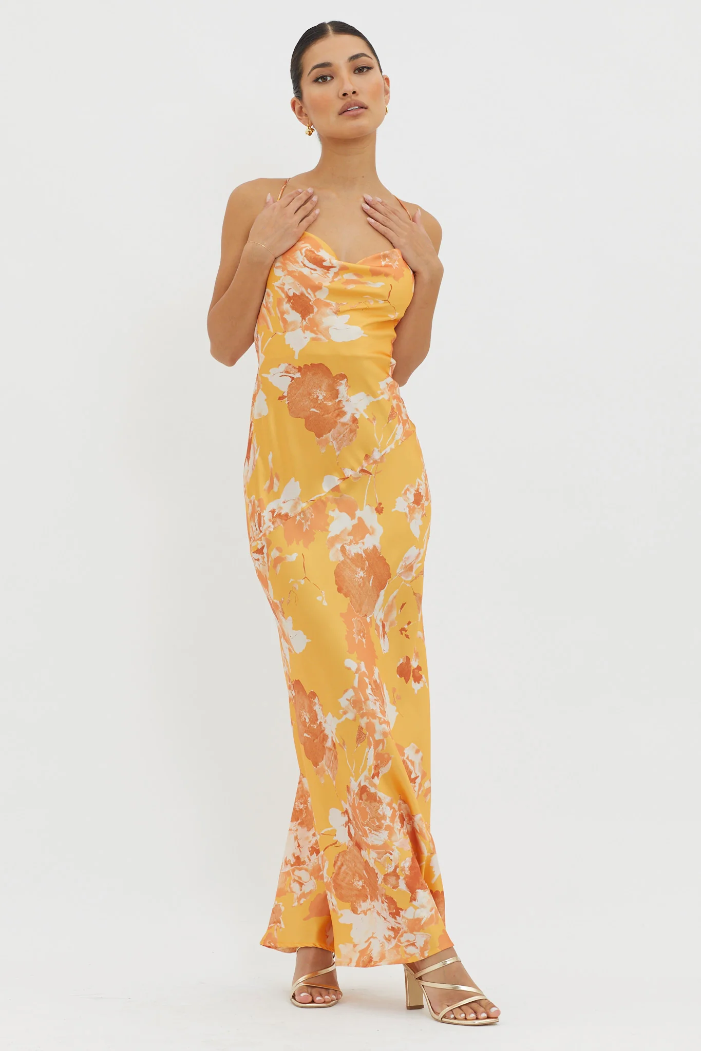 Dream Walk Cowl Back Tied Dress Print Orange - Image 3