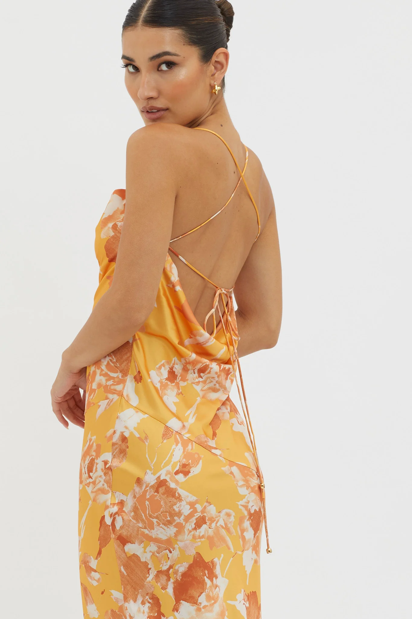 Dream Walk Cowl Back Tied Dress Print Orange - Image 4