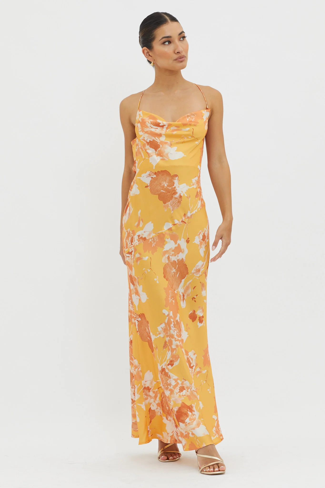 Dream Walk Cowl Back Tied Dress Print Orange - Image 5