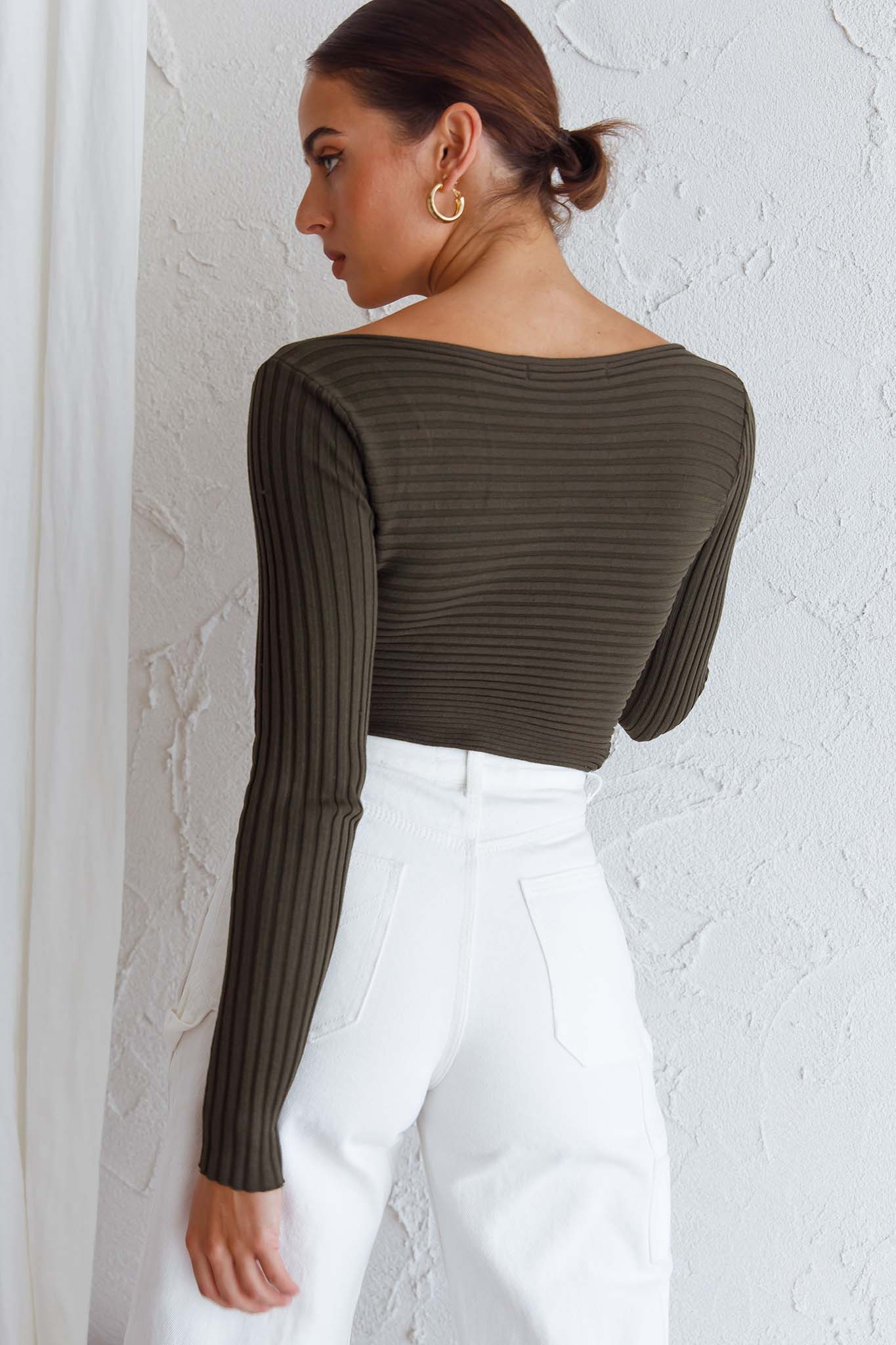 Dream Weaver Long Sleeve Twist Bust Crop Top Forest Green - Image 2