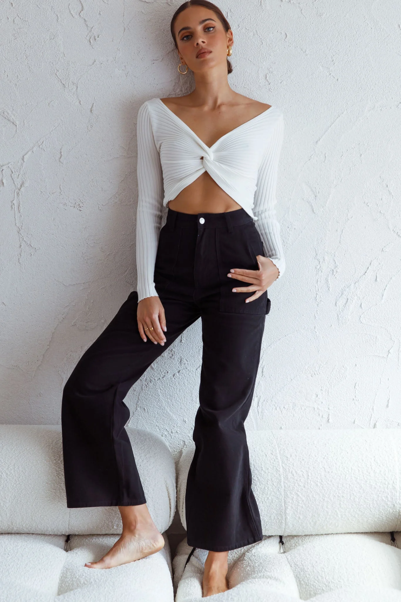 Dream Weaver Long Sleeve Twist Bust Crop Top White - Image 5
