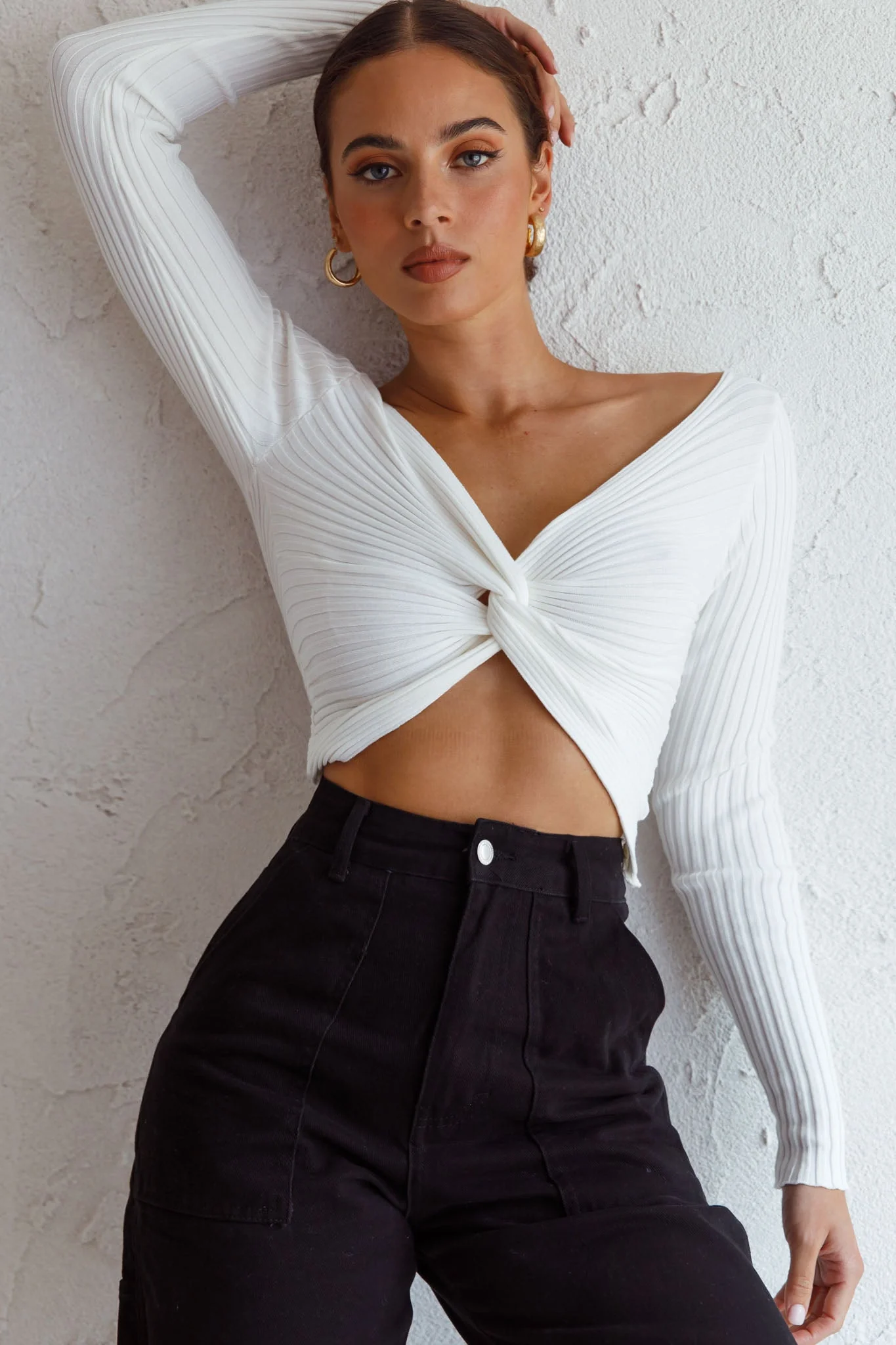 Dream Weaver Long Sleeve Twist Bust Crop Top White - Image 7