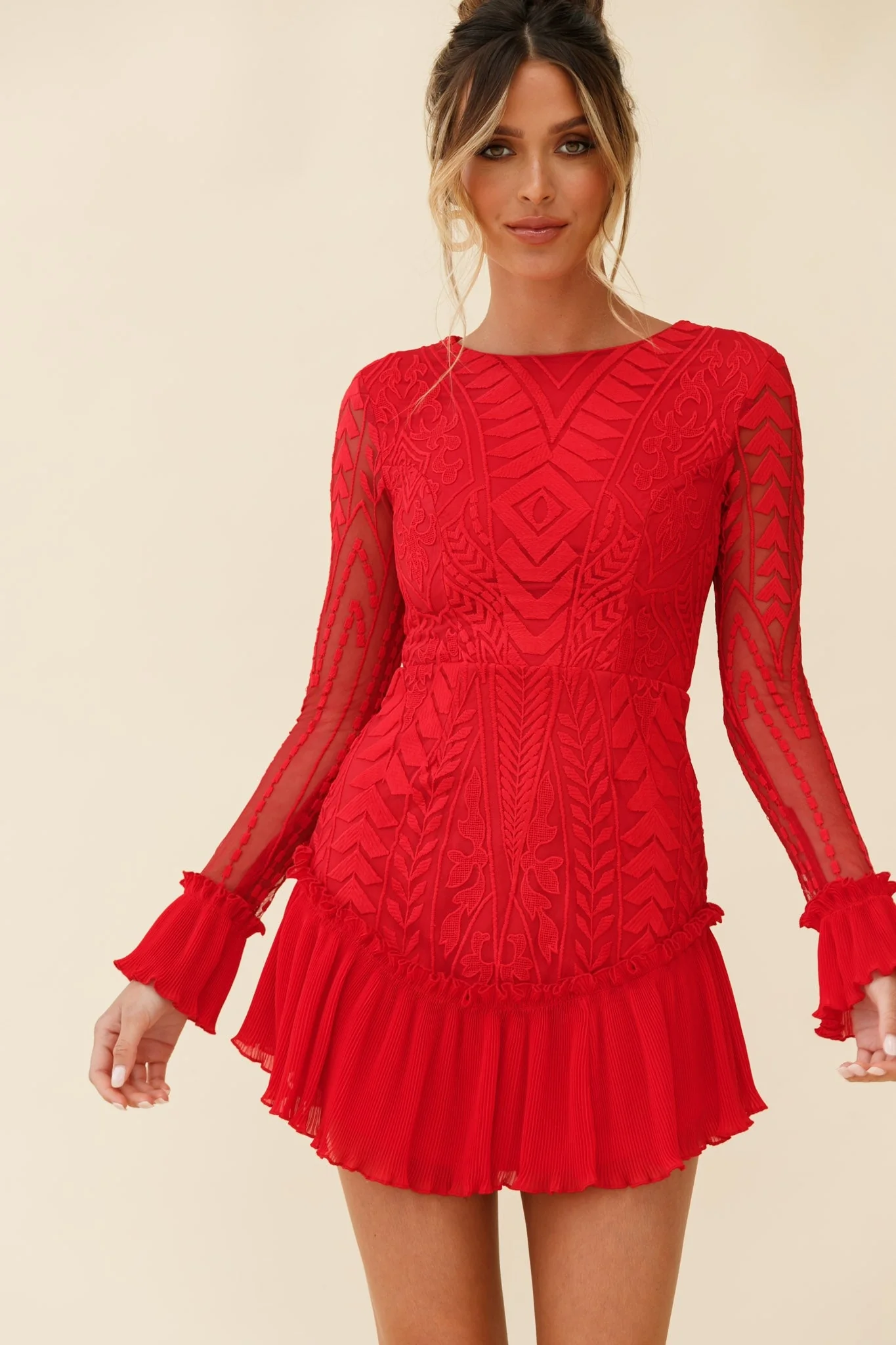 Dreamy Long Sleeve Mini Dress Red - Image 14