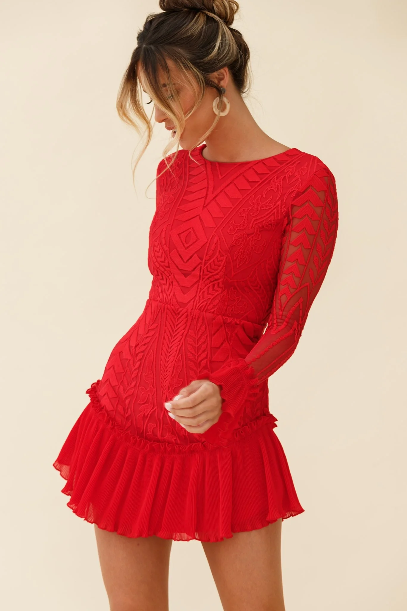 Dreamy Long Sleeve Mini Dress Red - Image 15