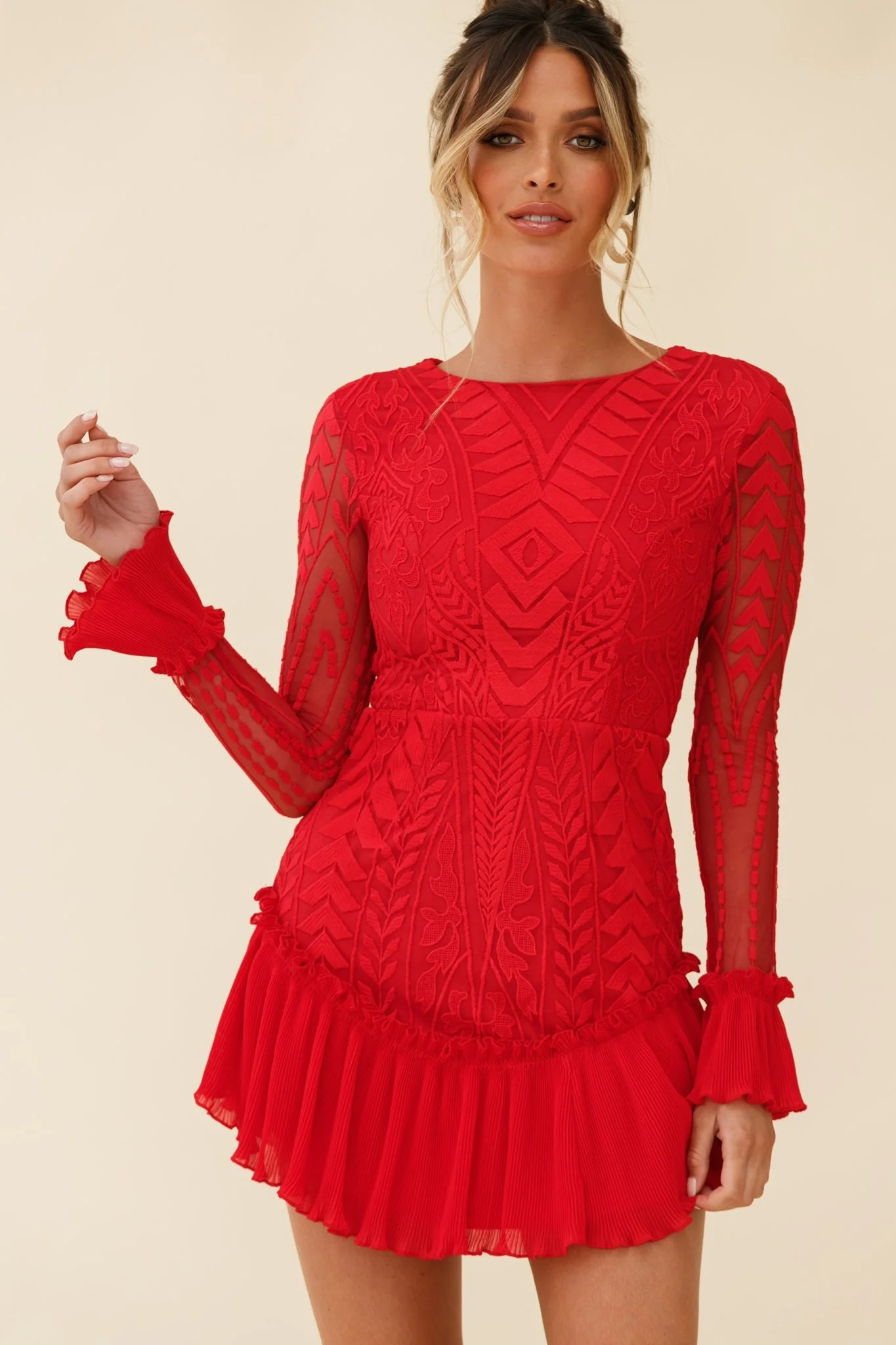 Dreamy Long Sleeve Mini Dress Red - Image 16