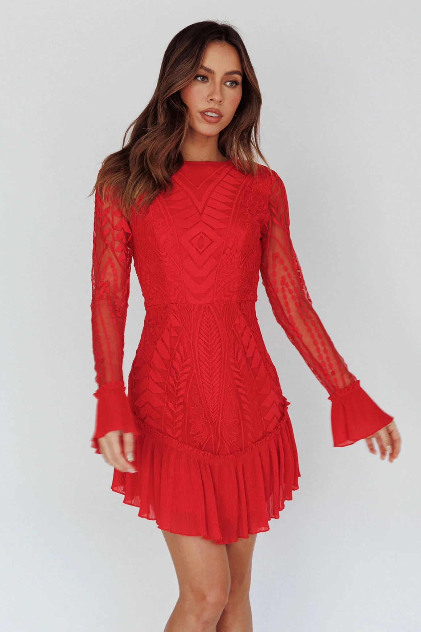 Dreamy Long Sleeve Mini Dress Red - Image 6