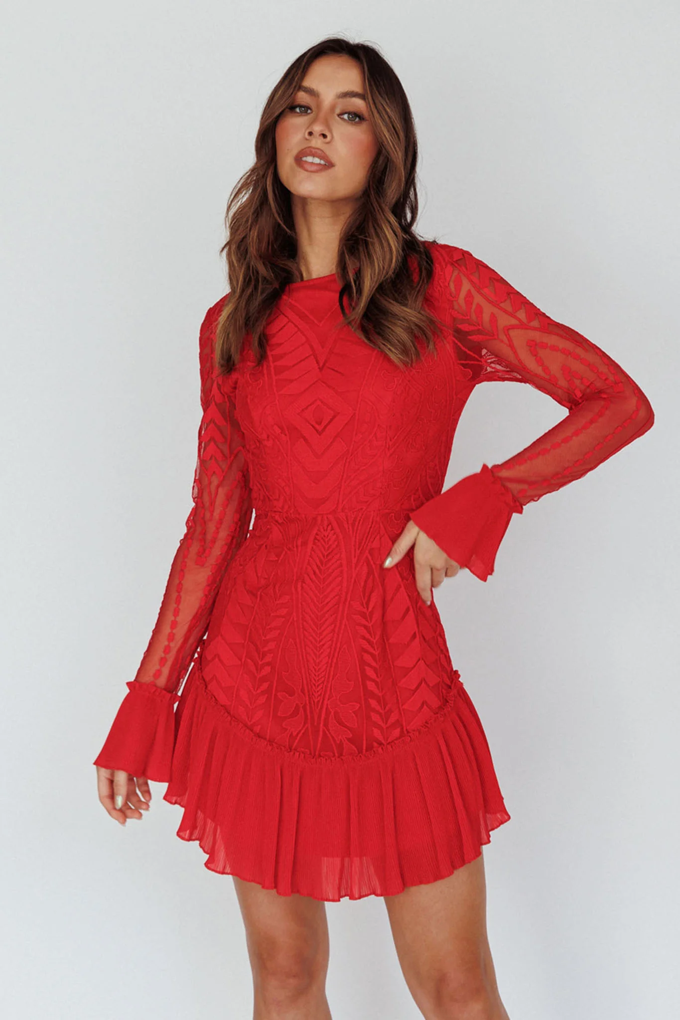 Dreamy Long Sleeve Mini Dress Red - Image 8