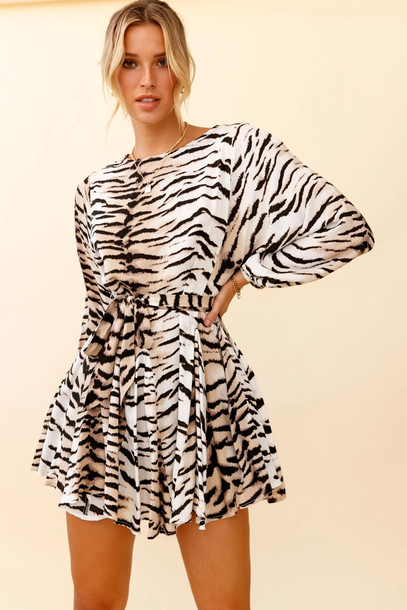 Drift Away Long Sleeve Godet Detail Dress Tiger Print - Image 6