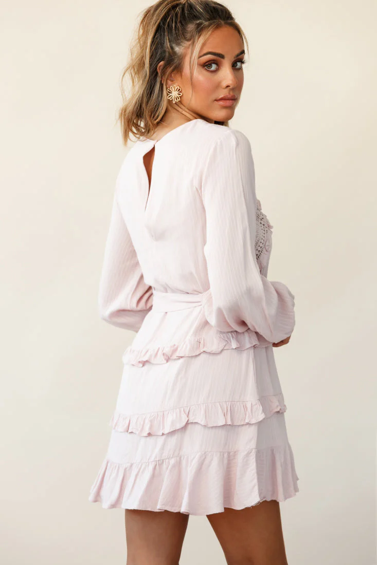 Dusk Long Sleeve Waist Tie Frill Dress Blush - Image 3