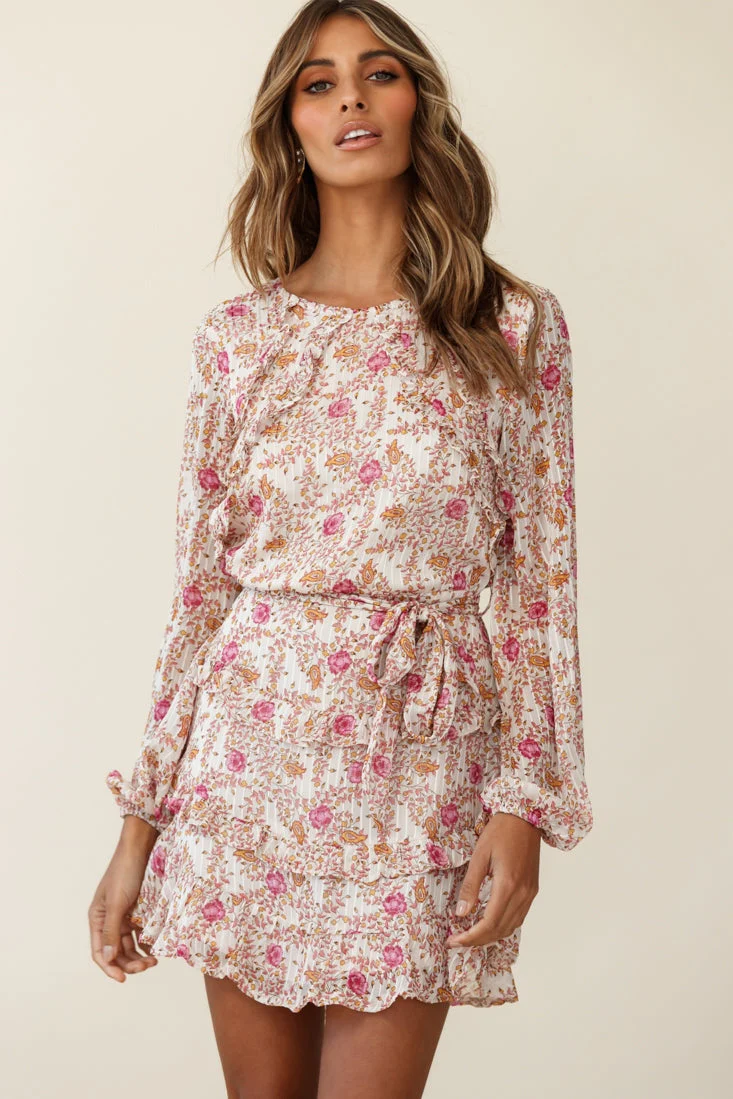 Dusk Long Sleeve Waist Tie Frill Dress Floral Print Beige - Image 5