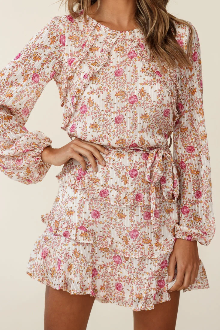 Dusk Long Sleeve Waist Tie Frill Dress Floral Print Beige - Image 7
