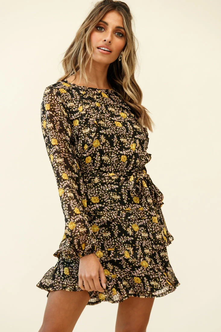 Dusk Long Sleeve Waist Tie Frill Dress Floral Print Black - Image 3