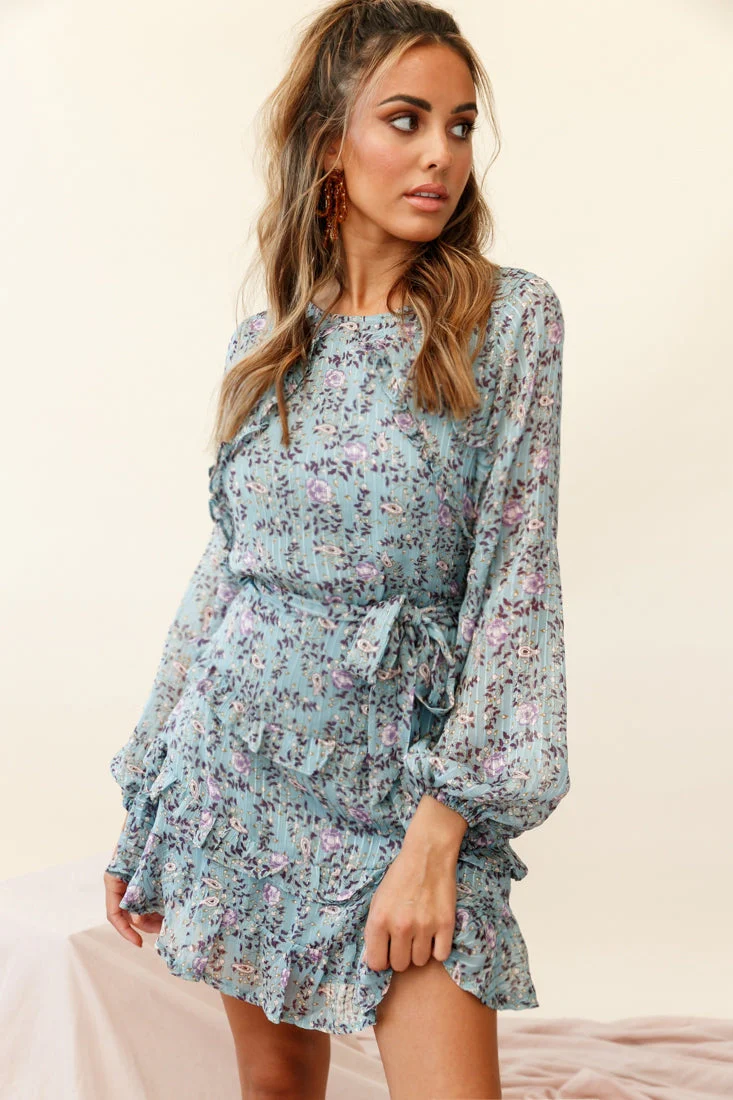 Dusk Long Sleeve Waist Tie Frill Dress Floral Print Midnight Blue - Image 2