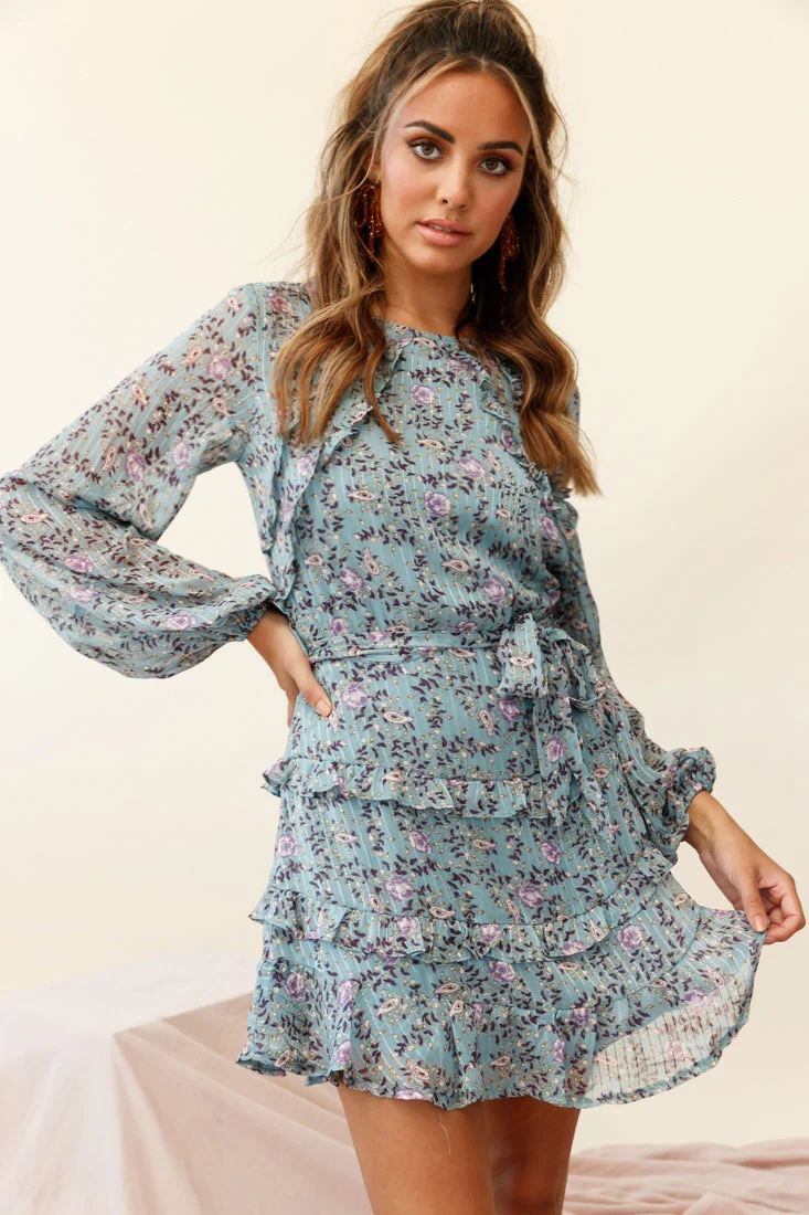 Dusk Long Sleeve Waist Tie Frill Dress Floral Print Midnight Blue - Image 3