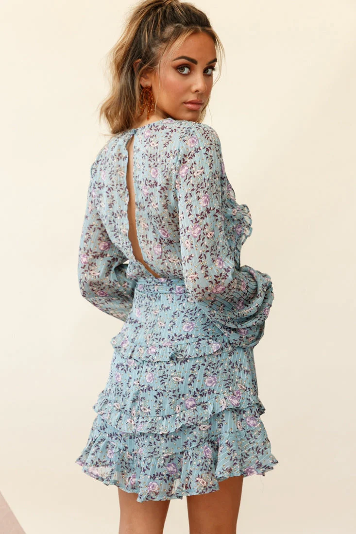 Dusk Long Sleeve Waist Tie Frill Dress Floral Print Midnight Blue - Image 5