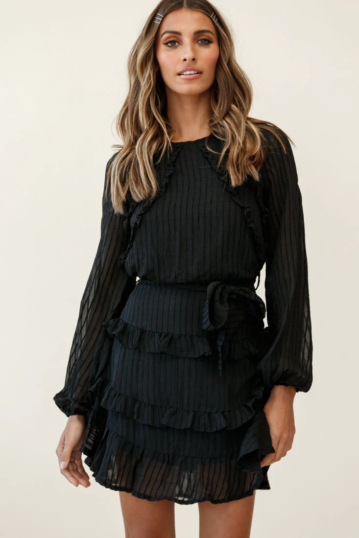 Dusk Long Sleeve Waist Tie Frill Dress Sheer Stripe Black - Image 5