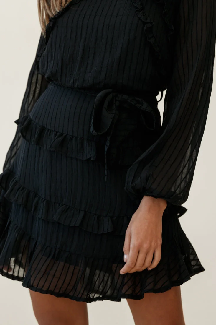 Dusk Long Sleeve Waist Tie Frill Dress Sheer Stripe Black - Image 7