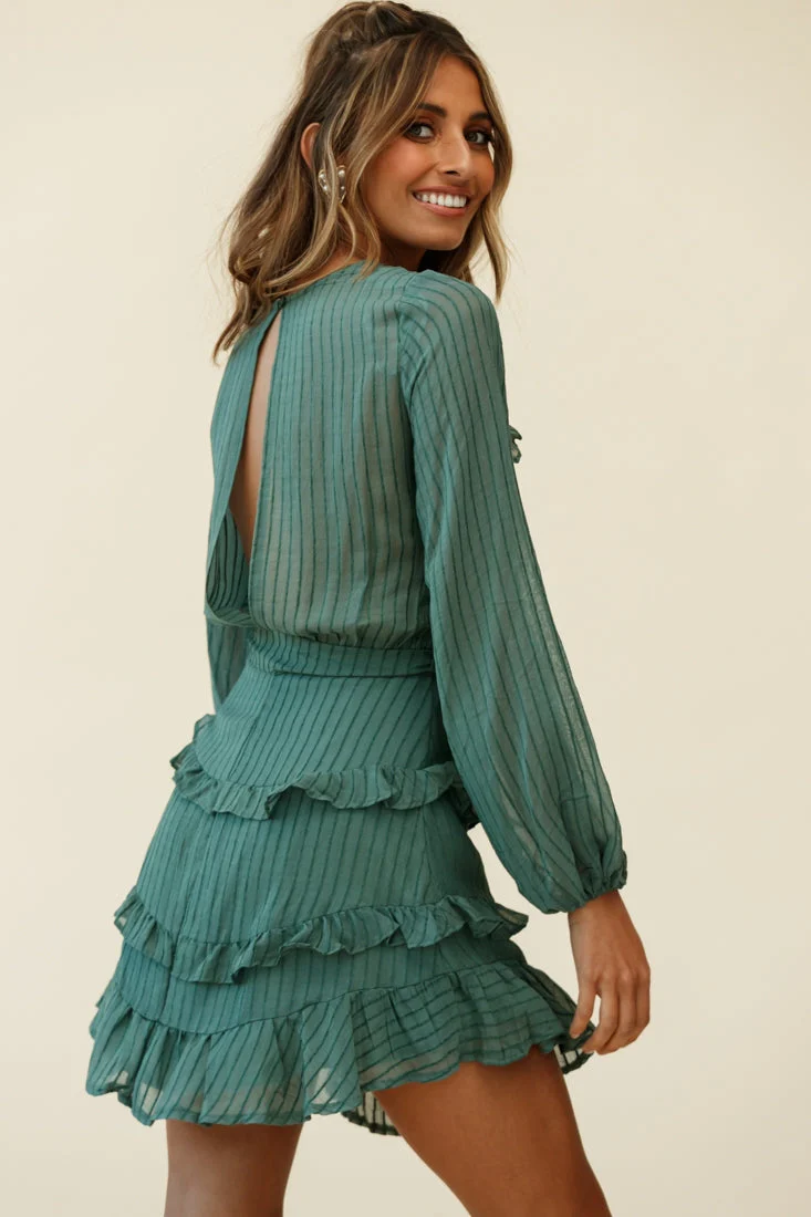 Dusk Long Sleeve Waist Tie Frill Dress Thin Stripe Green - Image 6