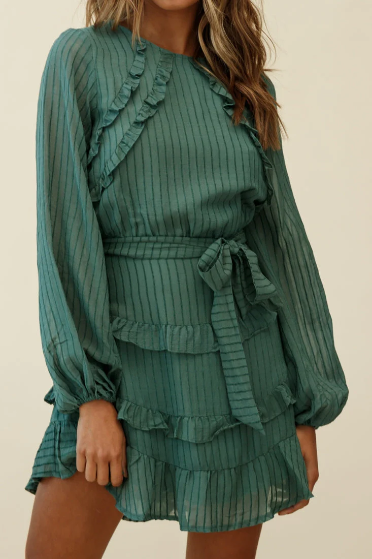 Dusk Long Sleeve Waist Tie Frill Dress Thin Stripe Green - Image 7