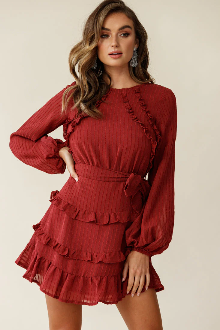 Dusk Long Sleeve Waist Tie Frill Dress Thin Stripe Wine - Image 3
