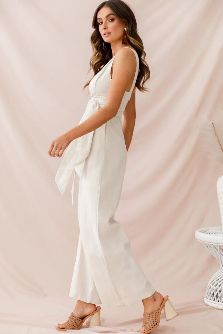 Dylan V-Neckline Wide Leg Jumpsuit Beige - Image 2