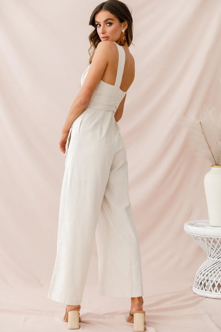 Dylan V-Neckline Wide Leg Jumpsuit Beige - Image 4