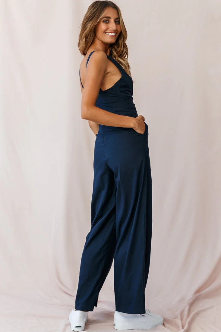 Dylan V-Neckline Wide Leg Jumpsuit Navy - Image 3