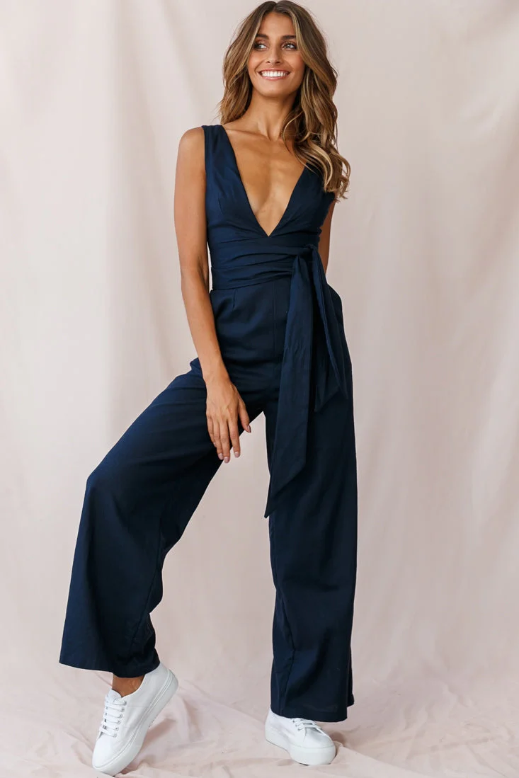 Dylan V-Neckline Wide Leg Jumpsuit Navy - Image 5