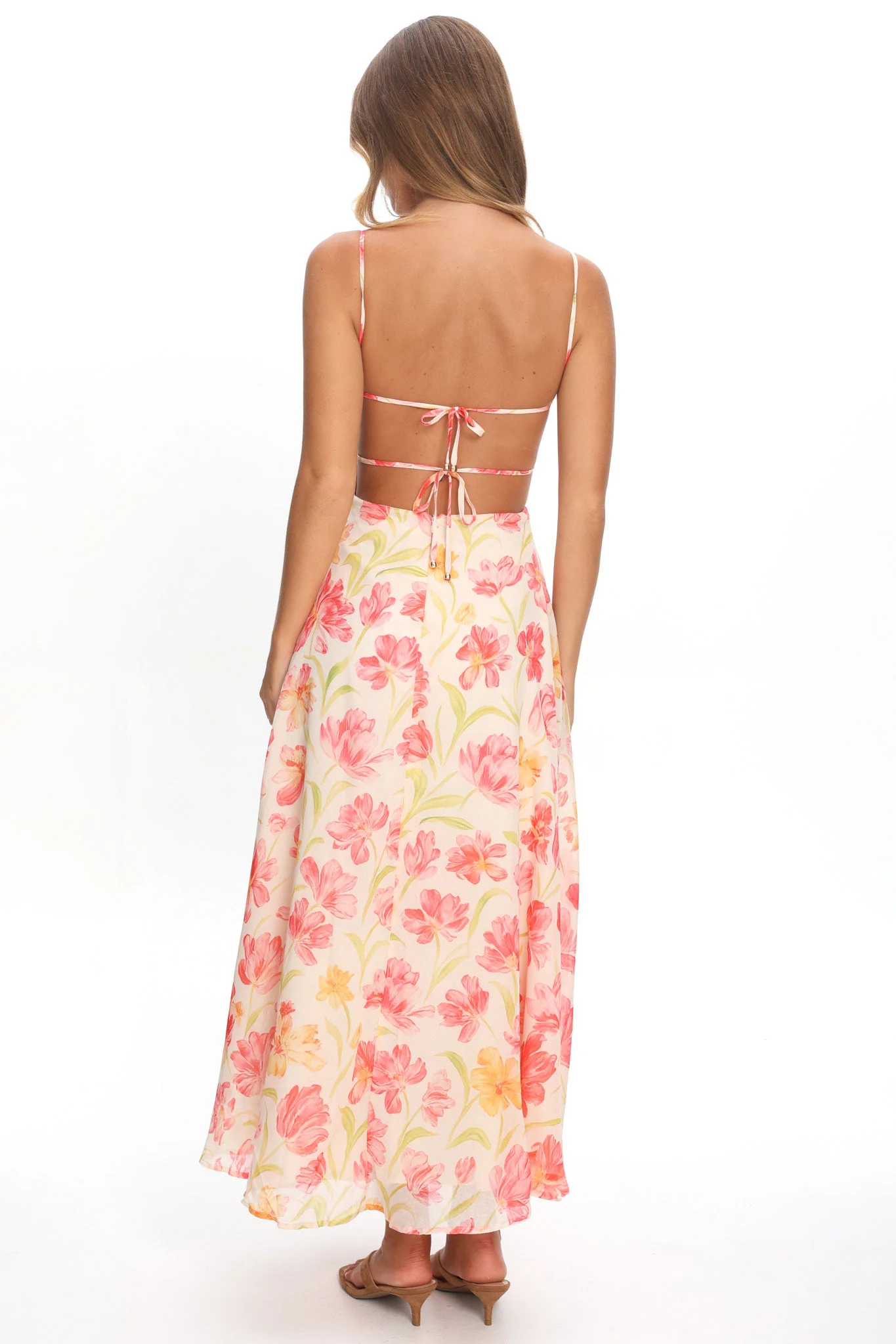 Echoes Tied Back A-Line Maxi Dress Floral Pink - Image 3