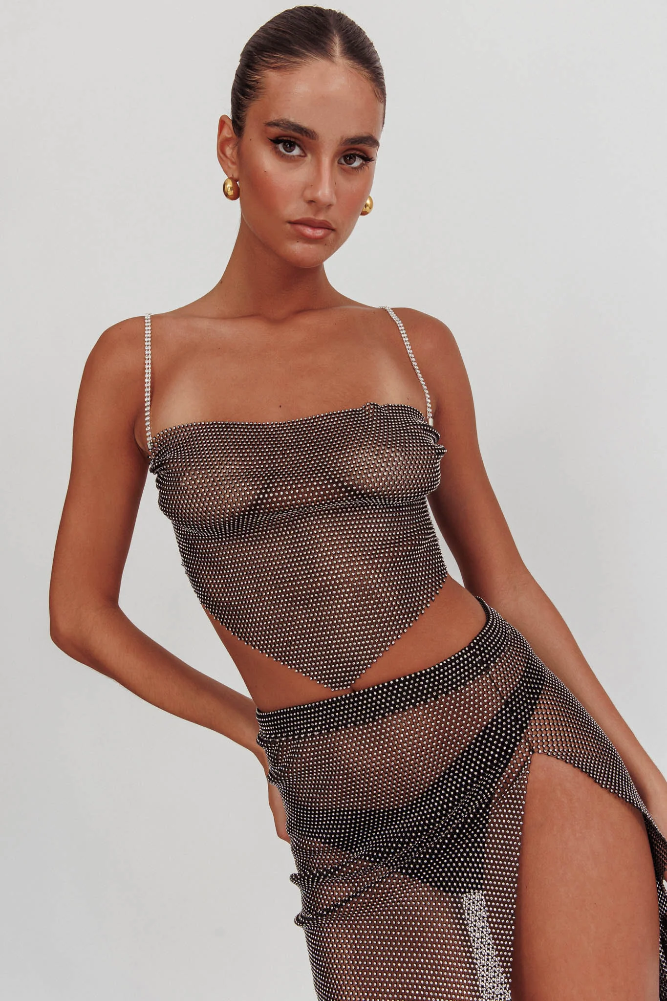Eden Nights Diamante Mesh Top Black - Image 2
