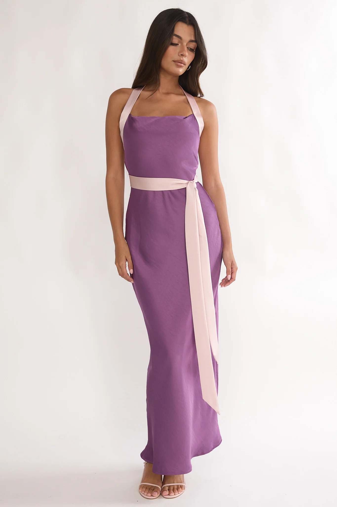 Elanah Waist Tie Halter Maxi Dress Grape - Image 2