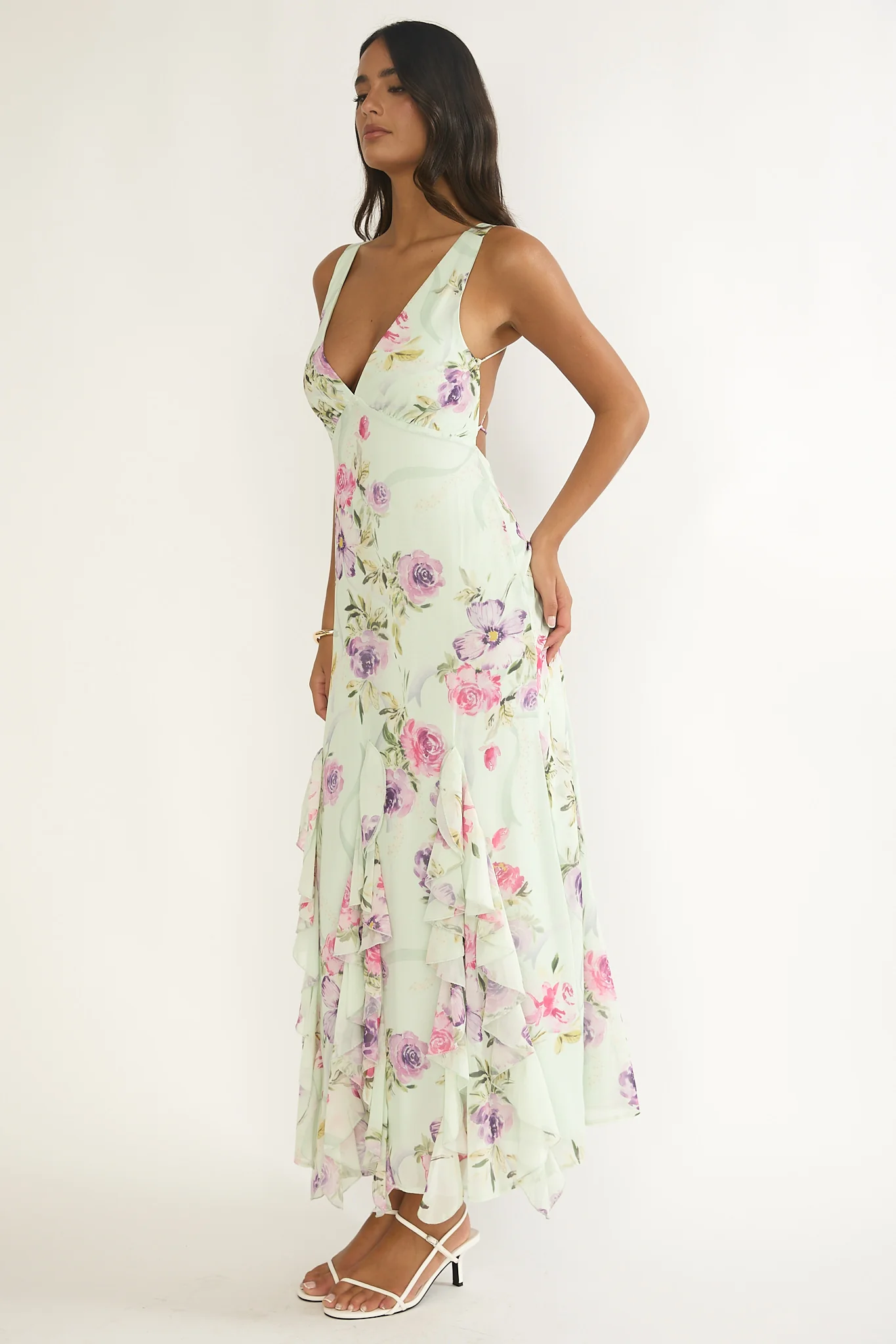 Elenya Strappy Back Ruffle Trim Maxi Dress Mint Floral - Image 6