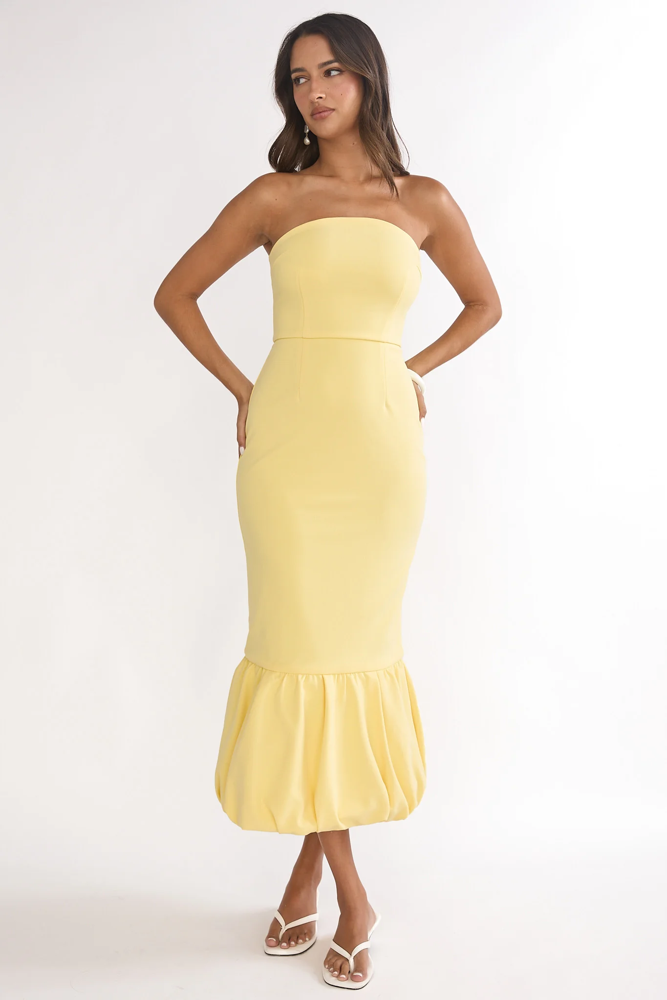 Elira Bubble Hem Strapless Midi Dress Lemon - Image 2