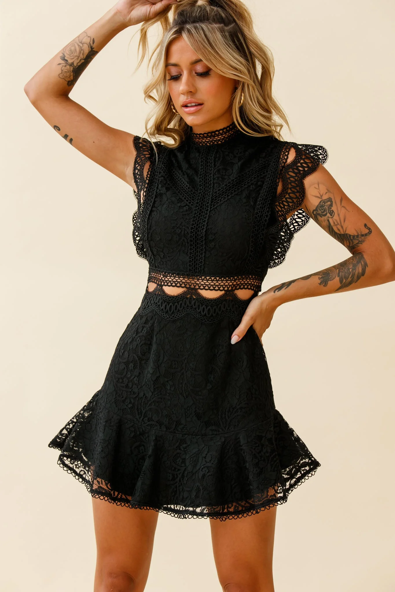Elisha Crochet Detail Lace Overlay Dress Black - Image 5