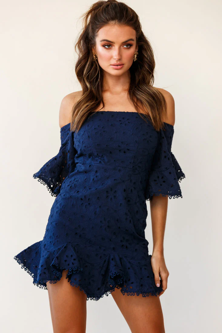 Elissa Off-Shoulder Broderie Anglaise Dress Navy - Image 2