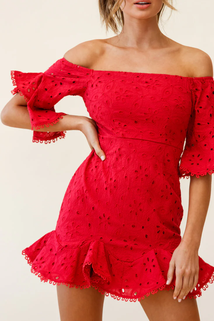 Elissa Off-Shoulder Broderie Anglaise Dress Red - Image 7