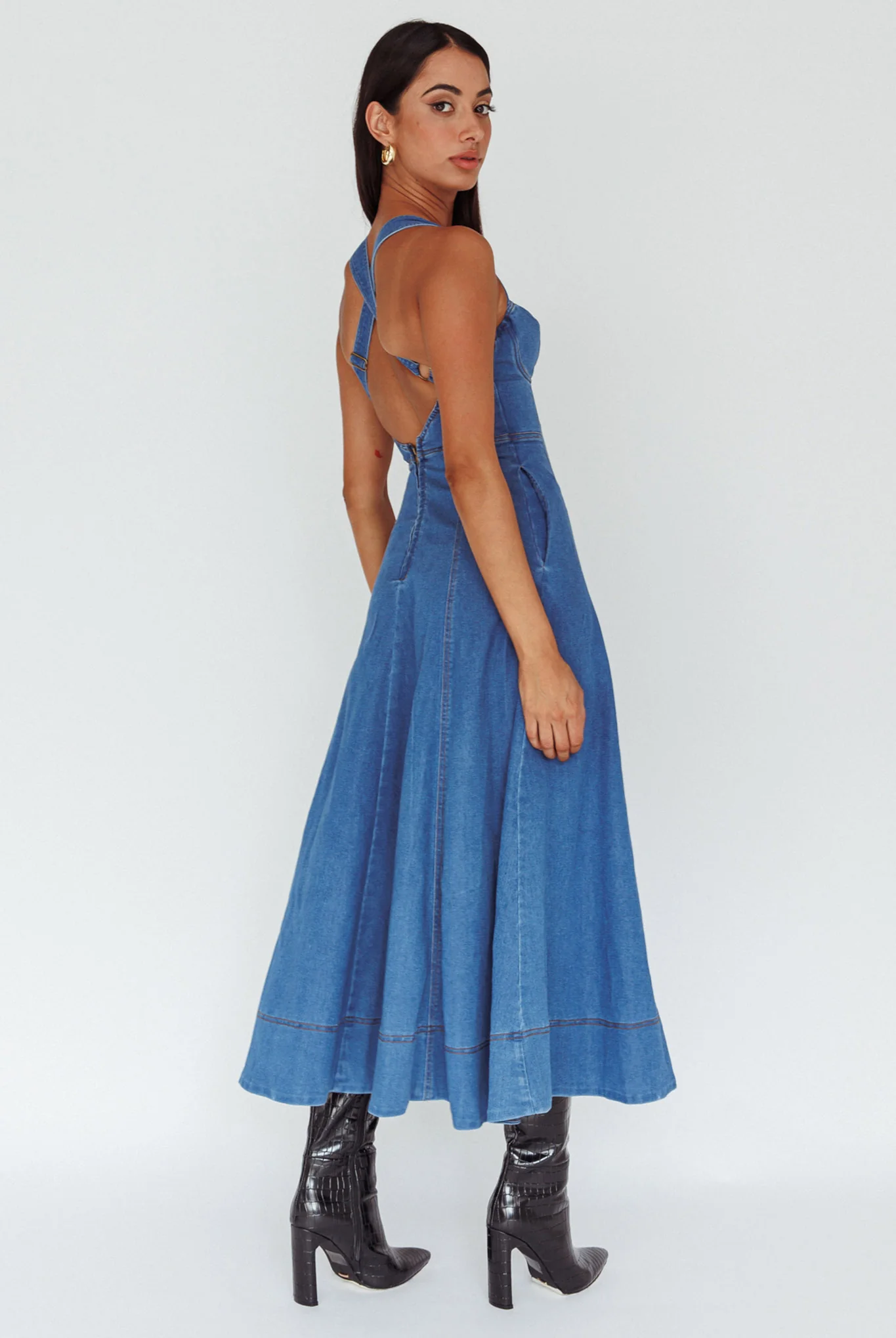 Ellora Criss-Cross Back Denim Maxi Dress Navy - Image 3