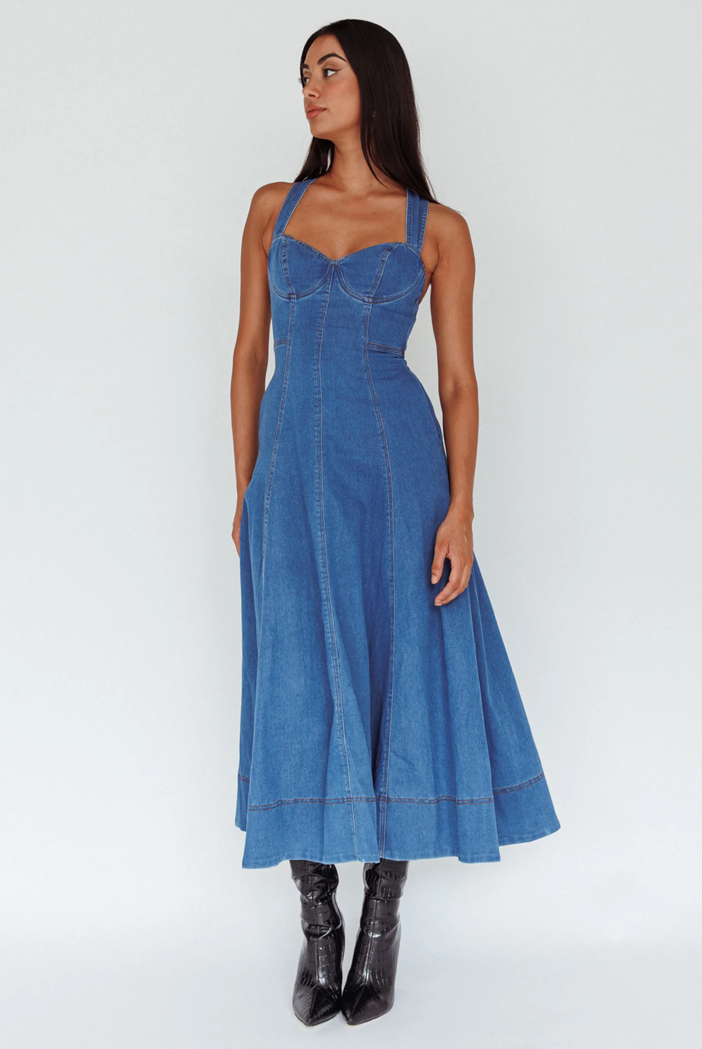 Ellora Criss-Cross Back Denim Maxi Dress Navy - Image 4