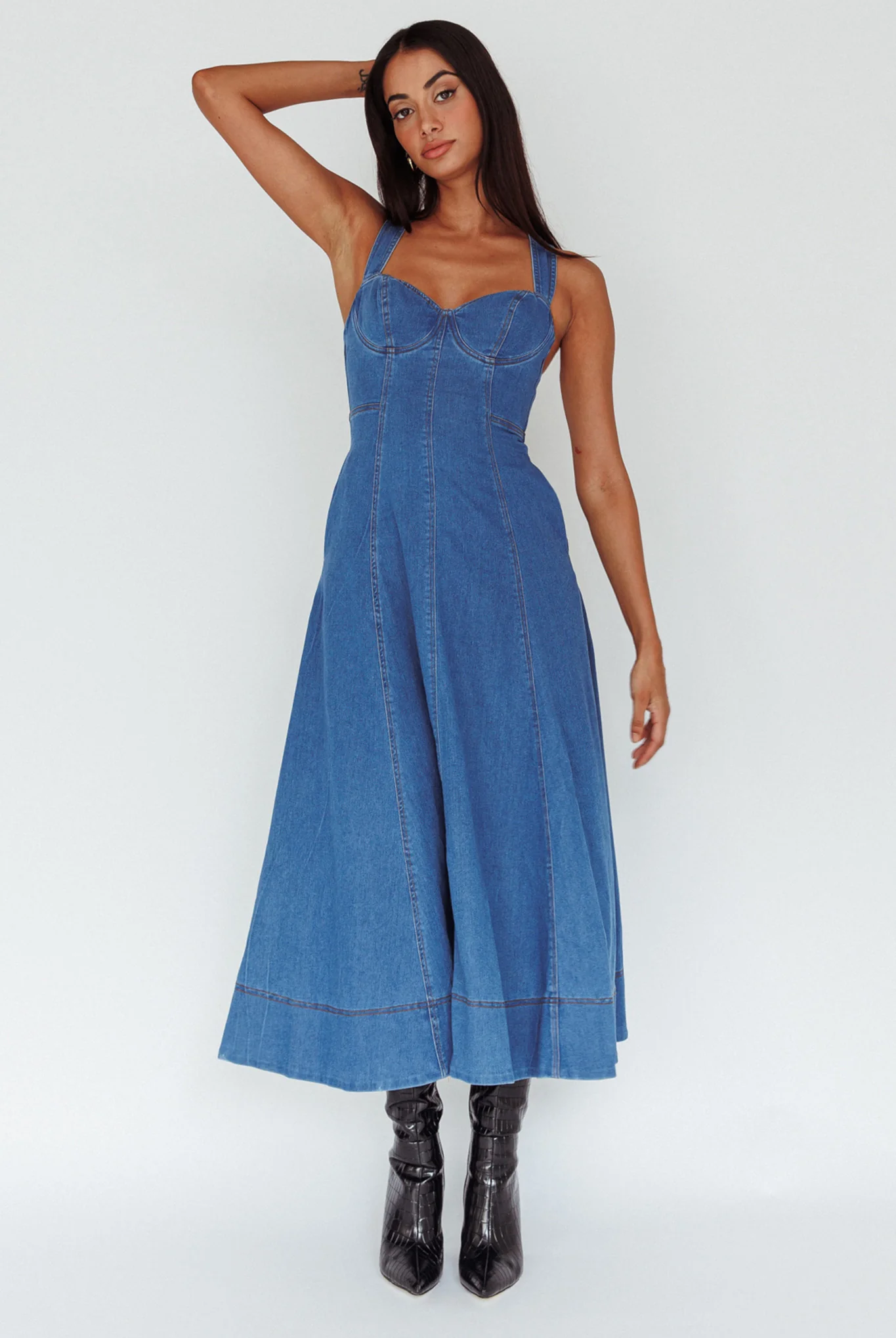 Ellora Criss-Cross Back Denim Maxi Dress Navy - Image 6