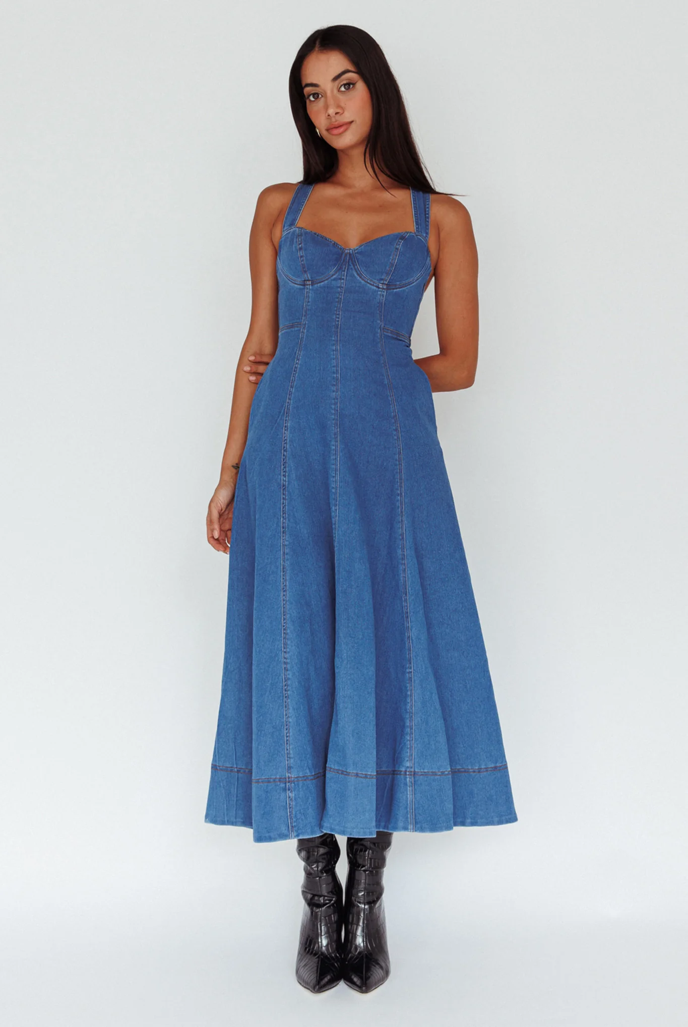 Ellora Criss-Cross Back Denim Maxi Dress Navy - Image 7