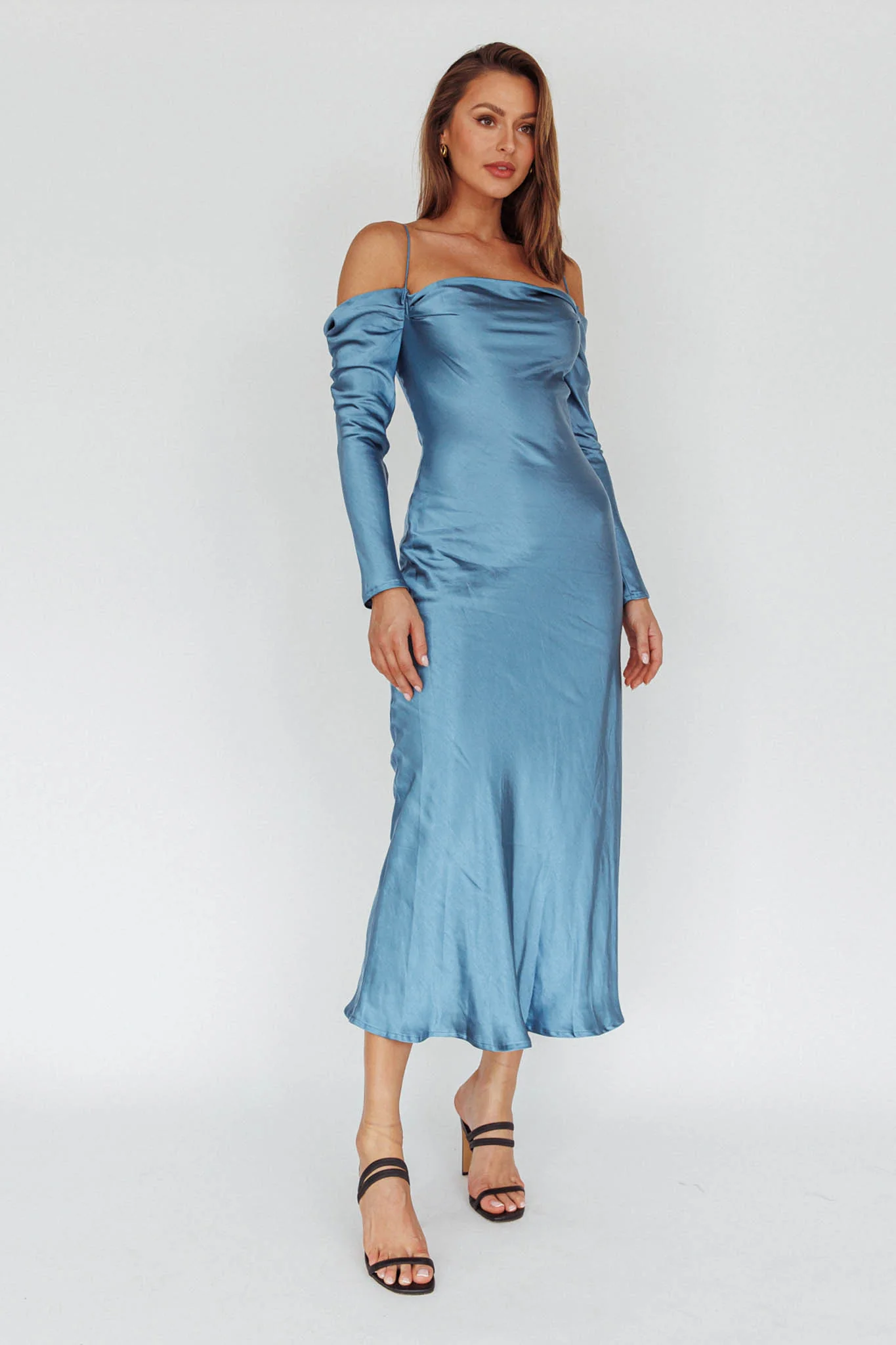 Ellory Long Sleeve Off-Shoulder Dress Blue - Image 3