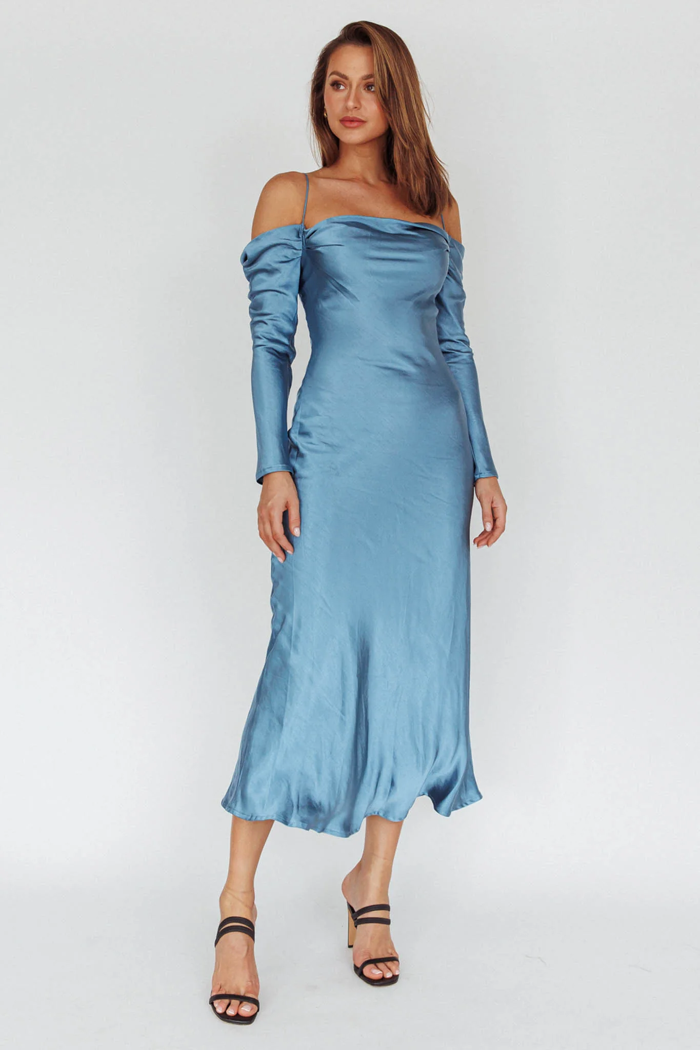Ellory Long Sleeve Off-Shoulder Dress Blue - Image 5