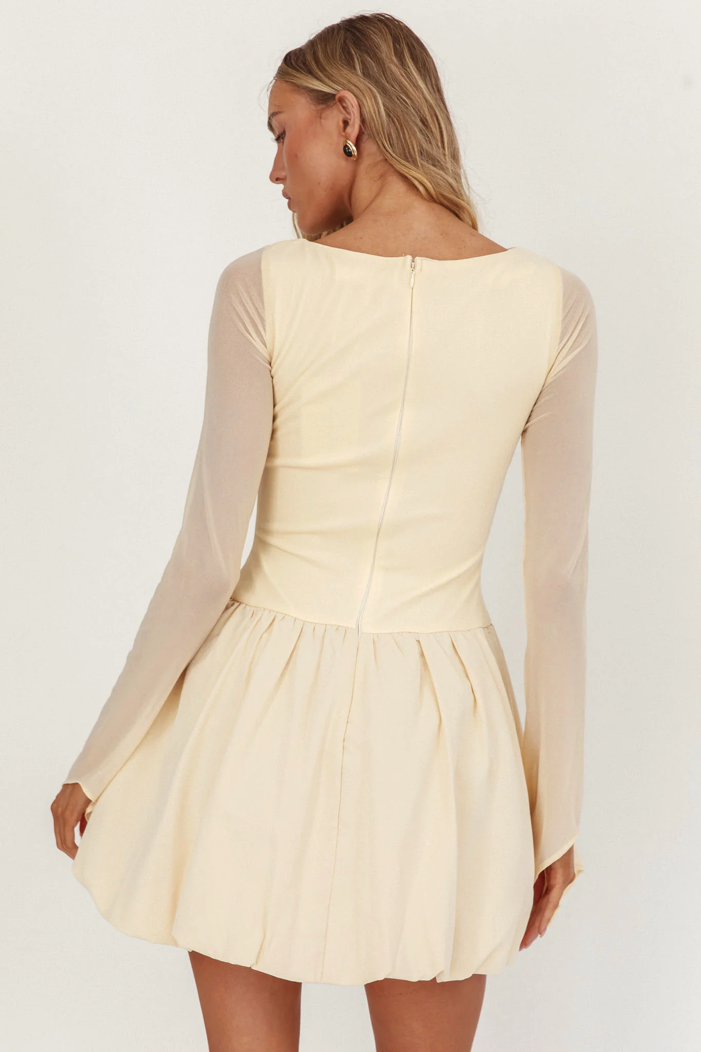 Elowin Long Sleeve Bubble Hem Mini Dress Cream - Image 2