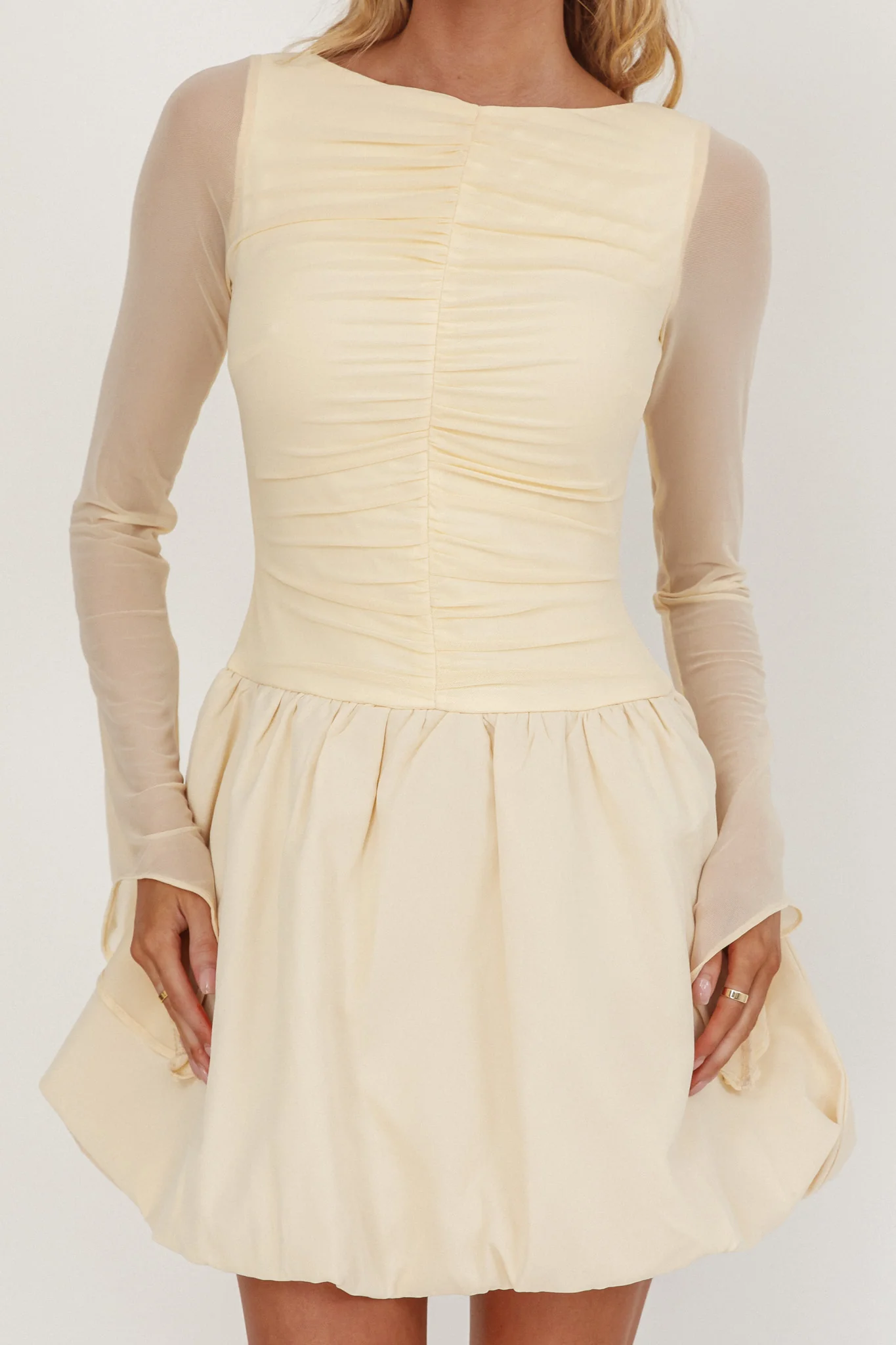 Elowin Long Sleeve Bubble Hem Mini Dress Cream - Image 3