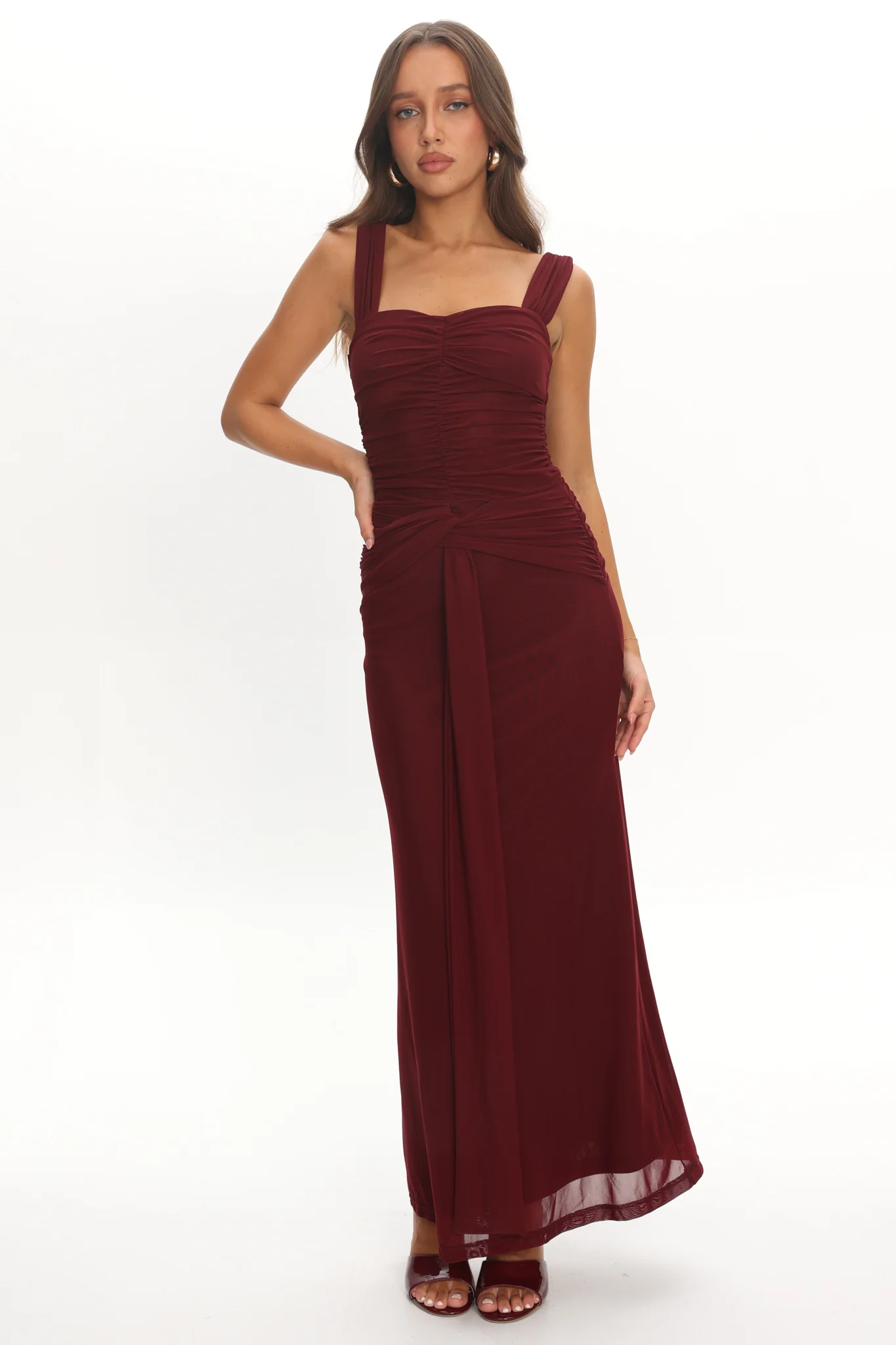 Emara Ruched Waist Sash Maxi Dress Burgundy - Image 2