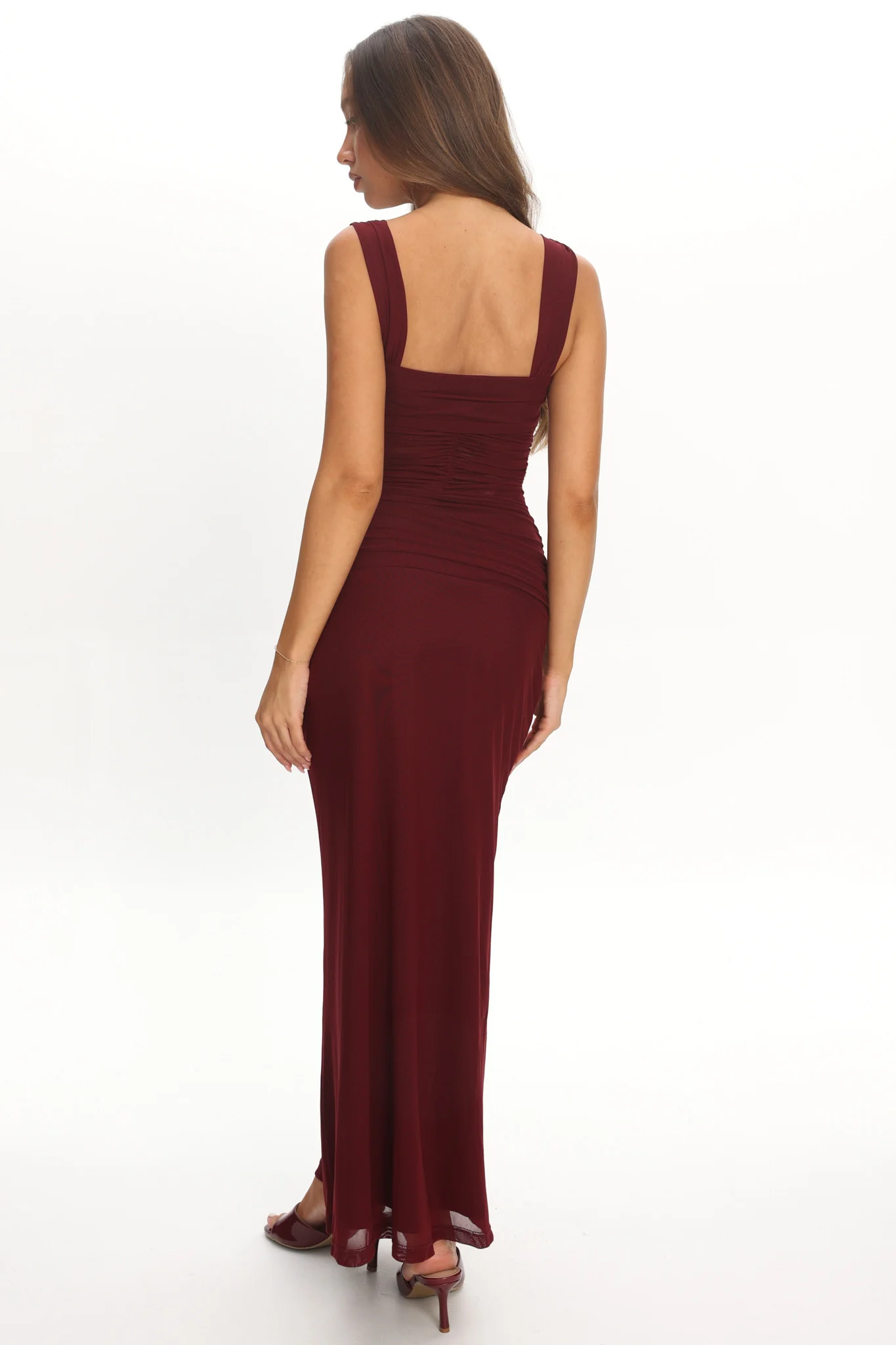 Emara Ruched Waist Sash Maxi Dress Burgundy - Image 3